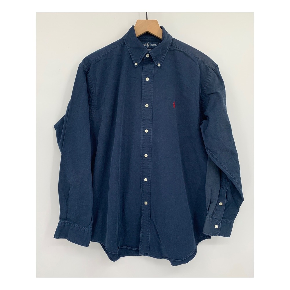 Vintage Ralph Lauren Shirt Mens Medium Navy Blue Blaire Cotton Pony Logo